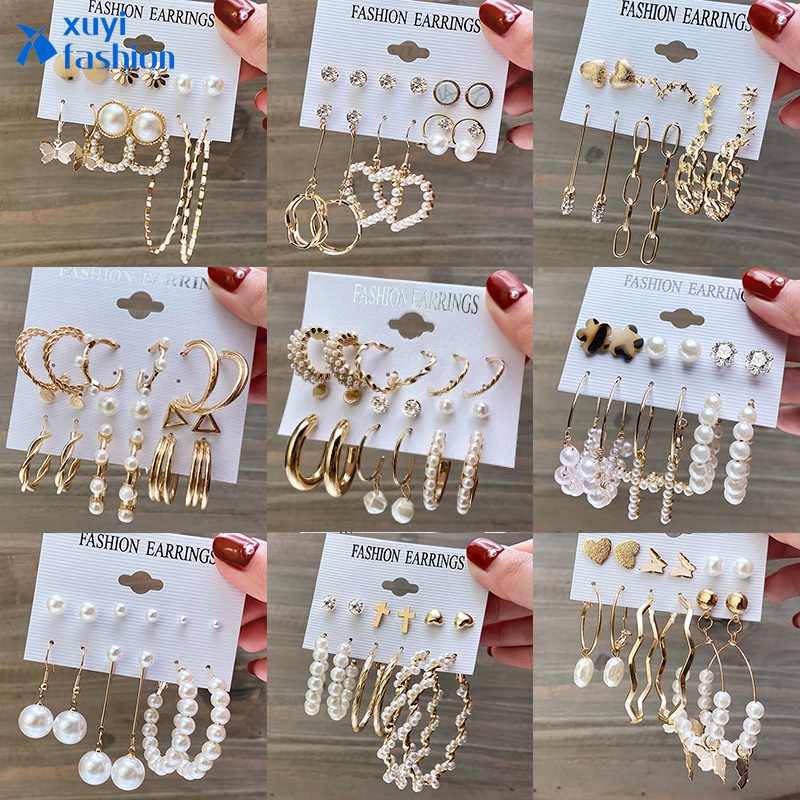 12Pcs/Set Retro Pearl Butterfly Earring Set Gold Earrings Stud Circle  Earing Women Jewelry Accessories | Shopee Singapore